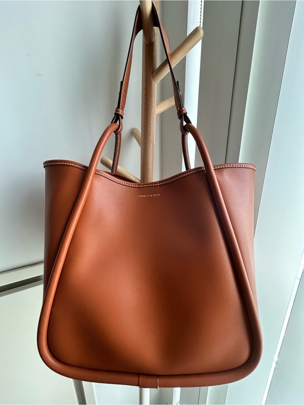 Charles & Keith Lyla Slouchy Tubular Tote Bag with Matching Pouch - Cognac shade